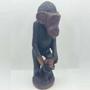 African Art:VTG Hand Carved Solid Wood Mother & Baby Monkey Chimpanzee Sculpture